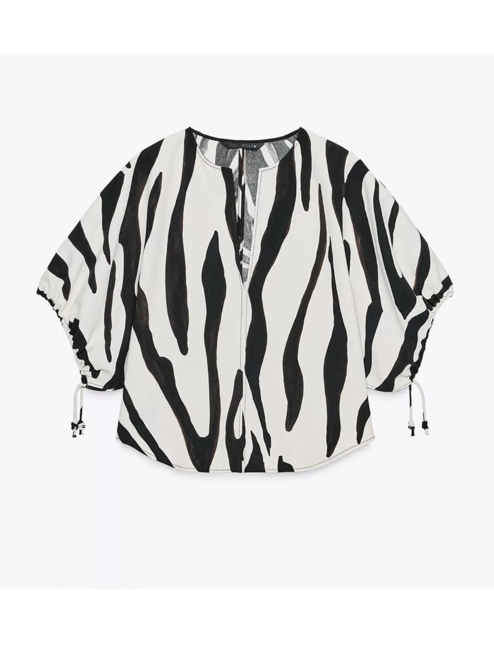 Zara ZW Round Neck Blouse w V-Neck Short Puff Sleeves Animal Zebra Print NWT M